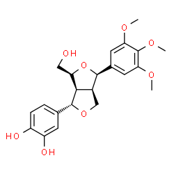 ChemSpider 2D Image | 4-[(1S,3aR,4R,6S,6aS)-6-(Hydroxymethyl)-4-(3,4,5-trimethoxyphenyl)tetrahydro-1H,3H-furo[3,4-c]furan-1-yl]-1,2-benzenediol | C22H26O8