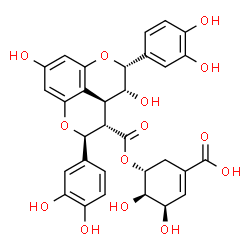 ChemSpider 2D Image | (3R,4R,5R)-5-({[(2S,3S,3aS,4R,5R)-2,5-Bis(3,4-dihydroxyphenyl)-4,8-dihydroxy-3,3a,4,5-tetrahydro-2H-pyrano[4,3,2-de]chromen-3-yl]carbonyl}oxy)-3,4-dihydroxy-1-cyclohexene-1-carboxylic acid | C31H28O14