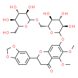 ChemSpider 2D Image | 2-(1,3-Benzodioxol-5-yl)-5,6-dimethoxy-4-oxo-3,4-dihydro-2H-chromen-7-yl 6-O-D-glucopyranosyl-D-glucopyranoside | C30H36O17