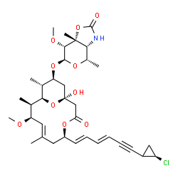 ChemSpider 2D Image | (3aR,4S,6R,7R,7aR)-6-{[(5R,7E,9R,10R,11R,12R,13S)-5-{(1E,3E)-6-[(2R)-2-Chlorocyclopropyl]-1,3-hexadien-5-yn-1-yl}-1-hydroxy-9-methoxy-7,10,12-trimethyl-3-oxo-4,15-dioxabicyclo[9.3.1]pentadec-7-en-13-y
l]oxy}-7-methoxy-4,7a-dimethyltetrahydro-4H-pyrano[3,4-d][1,3]oxazol-2(3H)-one | C35H48ClNO10