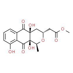 ChemSpider 2D Image | Methyl [(1S,3R,4aS,10aR)-4a,9,10a-trihydroxy-1-methyl-5,10-dioxo-3,4,4a,5,10,10a-hexahydro-1H-benzo[g]isochromen-3-yl]acetate | C17H18O8