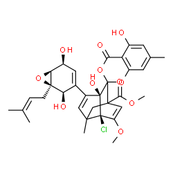 ChemSpider 2D Image | Methyl (3'S,7'S)-7'-chloro-4'-[(1R,2R,5S,6S)-2,5-dihydroxy-1-(3-methyl-2-buten-1-yl)-7-oxabicyclo[4.1.0]hept-3-en-3-yl]-3',5-dihydroxy-8'-methoxy-6',7-dimethyl-4-oxo-1'H,4H-spiro[1,3-benzodioxine-2,2'
-tricyclo[4.3.1.0~3,7~]deca[4,8]diene]-1'-carboxylate | C33H35ClO11