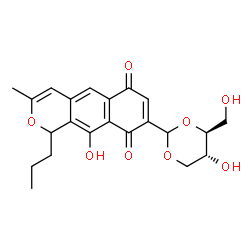 ChemSpider 2D Image | 10-Hydroxy-8-[(4S,5R)-5-hydroxy-4-(hydroxymethyl)-1,3-dioxan-2-yl]-3-methyl-1-propyl-1H-benzo[g]isochromene-6,9-dione | C22H24O8