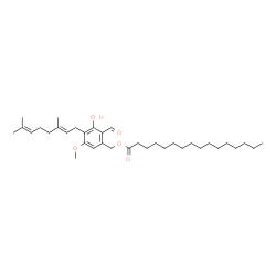 ChemSpider 2D Image | 4-[(2E)-3,7-Dimethyl-2,6-octadien-1-yl]-2-formyl-3-hydroxy-5-methoxybenzyl palmitate | C35H56O5