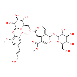 ChemSpider 2D Image | 4-[(1E)-3-Hydroxy-1-propen-1-yl]-2,6-dimethoxyphenyl 6-O-{[(2S,3E,4S)-3-ethylidene-2-[(4xi)-D-xylo-hexopyranosyloxy]-5-(methoxycarbonyl)-3,4-dihydro-2H-pyran-4-yl]acetyl}-beta-D-glucopyranoside | C34H46O19