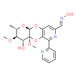 ChemSpider 2D Image | (2S,3R,4R,4aS,10aS)-8-[(E)-(Hydroxyimino)methyl]-3,4a-dimethoxy-2-methyl-6-(2-pyridinyl)-3,4,4a,10a-tetrahydro-2H-pyrano[2',3':5,6][1,4]dioxino[2,3-c]pyridin-4-ol | C19H21N3O7