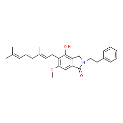 ChemSpider 2D Image | 5-[(2E)-3,7-Dimethyl-2,6-octadien-1-yl]-4-hydroxy-6-methoxy-2-(2-phenylethyl)-1-isoindolinone | C27H33NO3