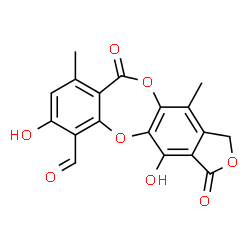 ChemSpider 2D Image | 4,7-Dihydroxy-9,12-dimethyl-3,10-dioxo-1,3-dihydro-10H-2,5,11-trioxabenzo[4,5]cyclohepta[1,2-f]indene-6-carbaldehyde | C18H12O8