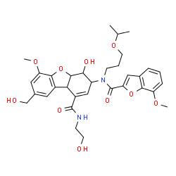 ChemSpider 2D Image | 4-Hydroxy-N-(2-hydroxyethyl)-8-(hydroxymethyl)-3-{(3-isopropoxypropyl)[(7-methoxy-1-benzofuran-2-yl)carbonyl]amino}-6-methoxy-3,4,4a,9b-tetrahydrodibenzo[b,d]furan-1-carboxamide | C33H40N2O10