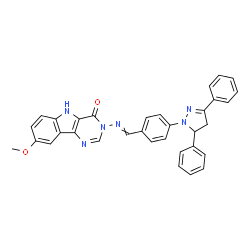 ChemSpider 2D Image | 3-{[4-(3,5-Diphenyl-4,5-dihydro-1H-pyrazol-1-yl)benzylidene]amino}-8-methoxy-3,5-dihydro-4H-pyrimido[5,4-b]indol-4-one | C33H26N6O2