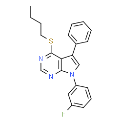 ChemSpider 2D Image | 4-(Butylsulfanyl)-7-(3-fluorophenyl)-5-phenyl-7H-pyrrolo[2,3-d]pyrimidine | C22H20FN3S