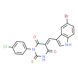 ChemSpider 2D Image | (5E)-5-[(5-Bromo-1H-indol-3-yl)methylene]-1-(4-chlorophenyl)-2-thioxodihydro-4,6(1H,5H)-pyrimidinedione | C19H11BrClN3O2S