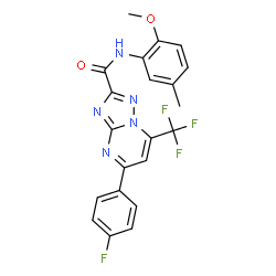 ChemSpider 2D Image | 5-(4-Fluorophenyl)-N-(2-methoxy-5-methylphenyl)-7-(trifluoromethyl)[1,2,4]triazolo[1,5-a]pyrimidine-2-carboxamide | C21H15F4N5O2