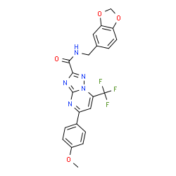 ChemSpider 2D Image | N-(1,3-Benzodioxol-5-ylmethyl)-5-(4-methoxyphenyl)-7-(trifluoromethyl)[1,2,4]triazolo[1,5-a]pyrimidine-2-carboxamide | C22H16F3N5O4
