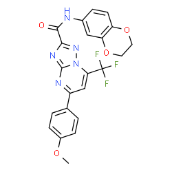 ChemSpider 2D Image | N-(2,3-Dihydro-1,4-benzodioxin-6-yl)-5-(4-methoxyphenyl)-7-(trifluoromethyl)[1,2,4]triazolo[1,5-a]pyrimidine-2-carboxamide | C22H16F3N5O4