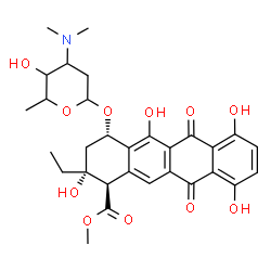 ChemSpider 2D Image | Methyl (1R,2R,4S)-2-ethyl-2,5,7,10-tetrahydroxy-6,11-dioxo-4-{[2,3,6-trideoxy-3-(dimethylamino)hexopyranosyl]oxy}-1,2,3,4,6,11-hexahydro-1-tetracenecarboxylate | C30H35NO11