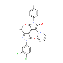 ChemSpider 2D Image | 4-[1-(3,4-Dichlorophenyl)-3-isopropyl-5-oxo-1,5-dihydro-4H-pyrazol-4-ylidene]-1-(4-fluorophenyl)-5-oxo-3-(1-pyridiniumyl)-4,5-dihydro-1H-pyrrol-2-olate | C27H19Cl2FN4O3