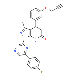 ChemSpider 2D Image | 1-[5-(4-Fluorophenyl)-1,2,4-triazin-3-yl]-3-methyl-4-[3-(2-propyn-1-yloxy)phenyl]-1,4,5,7-tetrahydro-6H-pyrazolo[3,4-b]pyridin-6-one | C25H19FN6O2