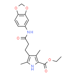 ChemSpider 2D Image | Ethyl 4-[3-(1,3-benzodioxol-5-ylamino)-3-oxopropyl]-3,5-dimethyl-1H-pyrrole-2-carboxylate | C19H22N2O5