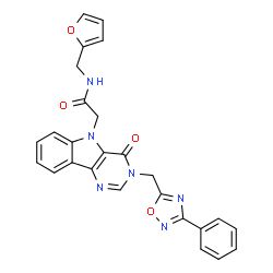 ChemSpider 2D Image | N-(2-Furylmethyl)-2-{4-oxo-3-[(3-phenyl-1,2,4-oxadiazol-5-yl)methyl]-3,4-dihydro-5H-pyrimido[5,4-b]indol-5-yl}acetamide | C26H20N6O4