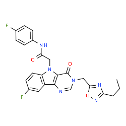 ChemSpider 2D Image | 2-{8-Fluoro-4-oxo-3-[(3-propyl-1,2,4-oxadiazol-5-yl)methyl]-3,4-dihydro-5H-pyrimido[5,4-b]indol-5-yl}-N-(4-fluorophenyl)acetamide | C24H20F2N6O3