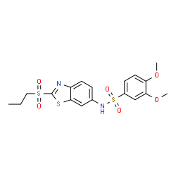 ChemSpider 2D Image | 3,4-Dimethoxy-N-[2-(propylsulfonyl)-1,3-benzothiazol-6-yl]benzenesulfonamide | C18H20N2O6S3