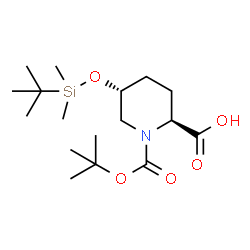 ChemSpider 2D Image | (2S,5R)-5-{[Dimethyl(2-methyl-2-propanyl)silyl]oxy}-1-{[(2-methyl-2-propanyl)oxy]carbonyl}-2-piperidinecarboxylic acid | C17H33NO5Si