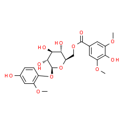 ChemSpider 2D Image | 4-Hydroxy-2-methoxyphenyl 6-O-(4-hydroxy-3,5-dimethoxybenzoyl)-beta-D-glucopyranoside | C22H26O12
