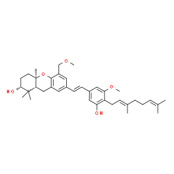 ChemSpider 2D Image | (2R,4aR,9aR)-7-[(E)-2-{4-[(2E)-3,7-Dimethyl-2,6-octadien-1-yl]-3-hydroxy-5-methoxyphenyl}vinyl]-5-(methoxymethyl)-1,1,4a-trimethyl-2,3,4,4a,9,9a-hexahydro-1H-xanthen-2-ol | C37H50O5