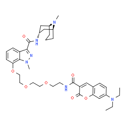 ChemSpider 2D Image | 7-(2-{2-[2-({[7-(Diethylamino)-2-oxo-2H-chromen-3-yl]carbonyl}amino)ethoxy]ethoxy}ethoxy)-1-methyl-N-[(1S,5S)-9-methyl-9-azabicyclo[3.3.1]non-3-yl]-1H-indazole-3-carboxamide | C38H50N6O7