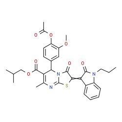 ChemSpider 2D Image | Isobutyl 5-(4-acetoxy-3-methoxyphenyl)-7-methyl-3-oxo-2-(2-oxo-1-propyl-1,2-dihydro-3H-indol-3-ylidene)-2,3-dihydro-5H-[1,3]thiazolo[3,2-a]pyrimidine-6-carboxylate | C32H33N3O7S
