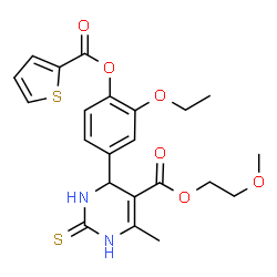 ChemSpider 2D Image | 2-Methoxyethyl 4-{3-ethoxy-4-[(2-thienylcarbonyl)oxy]phenyl}-6-methyl-2-thioxo-1,2,3,4-tetrahydro-5-pyrimidinecarboxylate | C22H24N2O6S2