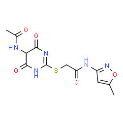 ChemSpider 2D Image | 2-[(5-Acetamido-4,6-dioxo-1,4,5,6-tetrahydro-2-pyrimidinyl)sulfanyl]-N-(5-methyl-1,2-oxazol-3-yl)acetamide | C12H13N5O5S