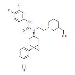 ChemSpider 2D Image | 3-(3-Chloro-4-fluorophenyl)-1-[(3R,6S)-6-(3-cyanophenyl)bicyclo[4.1.0]hept-3-yl]-1-{2-[3-(hydroxymethyl)-1-piperidinyl]ethyl}urea | C29H34ClFN4O2