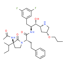 ChemSpider 2D Image | (2S)-2-[(3S)-3-Acetamido-3-sec-butyl-2-oxo-1-pyrrolidinyl]-N-{(1R,2S)-3-(3,5-difluorophenyl)-1-hydroxy-1-[(2R,4R)-4-propoxy-2-pyrrolidinyl]-2-propanyl}-4-phenylbutanamide | C36H50F2N4O5