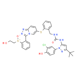 ChemSpider 2D Image | {2-[6-({2-[({[1-(3-Chloro-4-hydroxyphenyl)-3-(2-methyl-2-propanyl)-1H-pyrazol-5-yl]carbamoyl}amino)methyl]phenyl}sulfanyl)[1,2,4]triazolo[4,3-a]pyridin-3-yl]phenyl}(2-hydroxyethyl)sulfoniumolate | C35H34ClN7O4S2