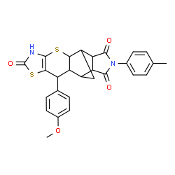 ChemSpider 2D Image | 9-(4-Methoxyphenyl)-14-(4-methylphenyl)-3,7-dithia-5,14-diazapentacyclo[9.5.1.0~2,10~.0~4,8~.0~12,16~]heptadec-4(8)-ene-6,13,15-trione | C27H24N2O4S2