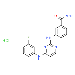 ChemSpider 2D Image | 3-({4-[(3-Fluorophenyl)amino]-2-pyrimidinyl}amino)benzamide hydrochloride (1:1) | C17H15ClFN5O