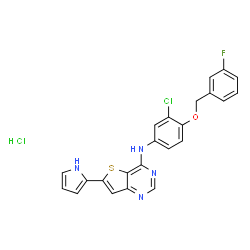 ChemSpider 2D Image | N-[3-chloro-4-[(3-fluorophenyl)methoxy]phenyl]-6-(1H-pyrrol-2-yl)thieno[3,2-d]pyrimidin-4-amine;hydrochloride | C23H17Cl2FN4OS