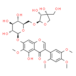 ChemSpider 2D Image | 5-Hydroxy-6-methoxy-4-oxo-3-(2,4,5-trimethoxyphenyl)-4H-chromen-7-yl 6-O-[(2R,3R,4R)-3,4-dihydroxy-4-(hydroxymethyl)tetrahydro-2-furanyl]-beta-D-glucopyranoside | C30H36O17