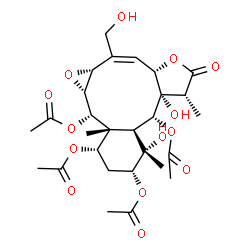 ChemSpider 2D Image | (1aR,2Z,3aS,6R,6aS,7R,7aS,8S,9R,11S,11aR,12S,12aR)-6a,8-Dihydroxy-2-(hydroxymethyl)-6,8,11a-trimethyl-5-oxo-1a,3a,5,6,6a,7,7a,8,9,10,11,11a,12,12a-tetradecahydrobenzo[4,5]oxireno[7,8]cyclodeca[1,2-b]f
uran-7,9,11,12-tetrayl tetraacetate | C28H38O14