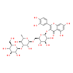 ChemSpider 2D Image | 2-(3,4-Dihydroxyphenyl)-5,7-dihydroxy-4-oxo-4H-chromen-3-yl beta-D-glucopyranosyl-(1->3)-6-deoxy-alpha-L-mannopyranosyl-(1->6)-beta-D-glucopyranoside | C33H40O21