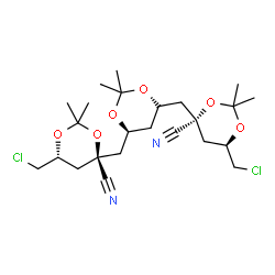 ChemSpider 2D Image | (6R,6'R)-4,4'-{[(4R,6S)-2,2-Dimethyl-1,3-dioxane-4,6-diyl]bis(methylene)}bis[6-(chloromethyl)-2,2-dimethyl-1,3-dioxane-4-carbonitrile] (non-preferred name) | C24H36Cl2N2O6