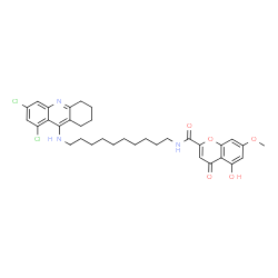 ChemSpider 2D Image | N-{10-[(6,8-Dichloro-1,2,3,4-tetrahydro-9-acridinyl)amino]decyl}-5-hydroxy-7-methoxy-4-oxo-4H-chromene-2-carboxamide | C34H39Cl2N3O5