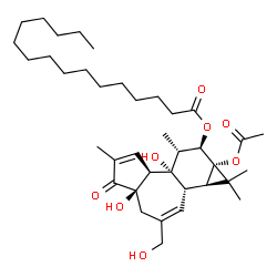 ChemSpider 2D Image | (1aR,1bS,4aR,7aS,7bS,8R,9R,9aS)-9a-Acetoxy-4a,7b-dihydroxy-3-(hydroxymethyl)-1,1,6,8-tetramethyl-5-oxo-1a,1b,4,4a,5,7a,7b,8,9,9a-decahydro-1H-cyclopropa[3,4]benzo[1,2-e]azulen-9-yl palmitate | C38H60O8