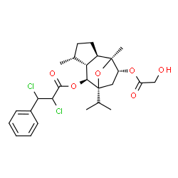 ChemSpider 2D Image | (1S,2R,5R,6R,7S,8R,10R)-10-(Glycoloyloxy)-8-isopropyl-1,5-dimethyl-11-oxatricyclo[6.2.1.0~2,6~]undec-7-yl 2,3-dichloro-3-phenylpropanoate | C26H34Cl2O6