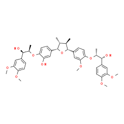 ChemSpider 2D Image | 2-{[(1R,2R)-1-(3,4-Dimethoxyphenyl)-1-hydroxy-2-propanyl]oxy}-5-[(2S,3R,4R,5R)-5-(4-{[(1R,2R)-1-(3,4-dimethoxyphenyl)-1-hydroxy-2-propanyl]oxy}-3-methoxyphenyl)-3,4-dimethyltetrahydro-2-furanyl]phenol | C41H50O11