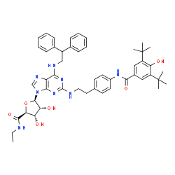 ChemSpider 2D Image | (2S,3S,4R,5R)-5-(6-[(2,2-Diphenylethyl)amino]-2-{[2-(4-{[4-hydroxy-3,5-bis(2-methyl-2-propanyl)benzoyl]amino}phenyl)ethyl]amino}-9H-purin-9-yl)-N-ethyl-3,4-dihydroxytetrahydro-2-furancarboxamide (non-
preferred name) | C49H58N8O6
