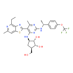 ChemSpider 2D Image | (1R,2S,3R,5R)-3-{[5-(4-Ethyl-6-methyl[1,3]thiazolo[4,5-c]pyridin-2-yl)-6-methyl-2-({(1R)-1-[4-(trifluoromethoxy)phenyl]ethyl}amino)-4-pyrimidinyl]amino}-5-(hydroxymethyl)-1,2-cyclopentanediol | C29H33F3N6O4S