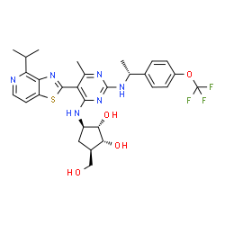 ChemSpider 2D Image | (1S,2R,3R,5R)-3-(Hydroxymethyl)-5-{[5-(4-isopropyl[1,3]thiazolo[4,5-c]pyridin-2-yl)-6-methyl-2-({(1R)-1-[4-(trifluoromethoxy)phenyl]ethyl}amino)-4-pyrimidinyl]amino}-1,2-cyclopentanediol | C29H33F3N6O4S